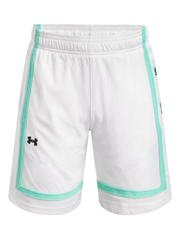 Shorts deportivos Under Armour de color blanco con detalles en verde menta y textura de malla.
