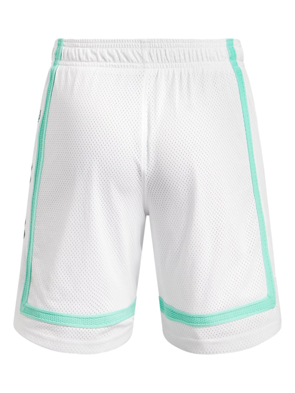 Shorts deportivos Under Armour de color blanco con detalles en verde menta y textura de malla.