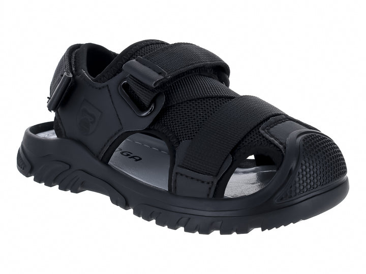 Sandalia deportiva de color negro con correas ajustables y punta cerrada.