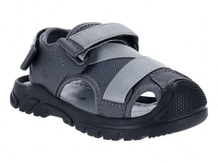 Sandalias UNGA color gris con suela negra y correas ajustables.