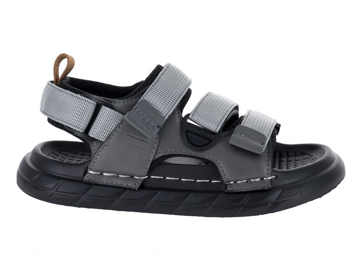 Sandalias color gris con correas ajustables y suela negra.