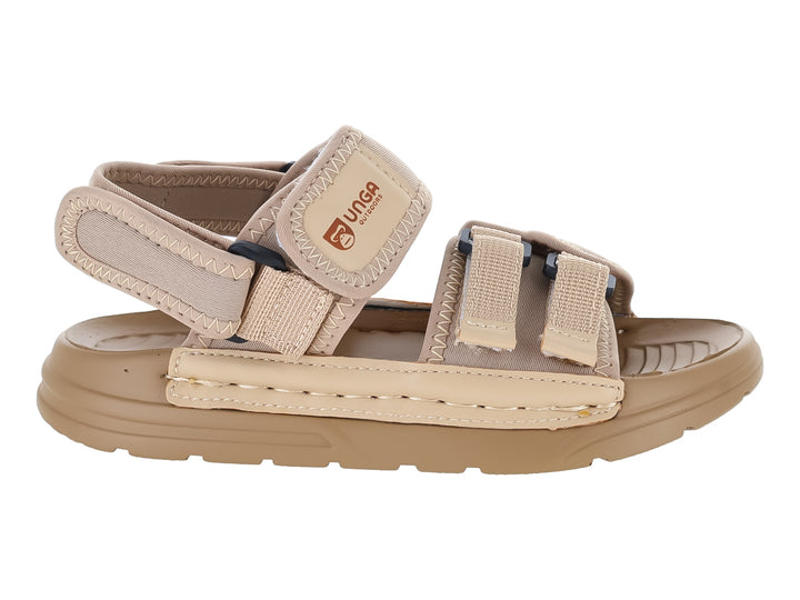 Sandalias UNGA color kaki con tiras ajustables y suela gruesa sobre fondo blanco.