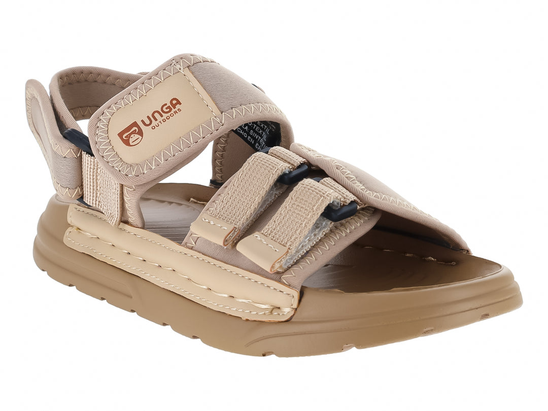 Sandalias UNGA color kaki con tiras ajustables y suela gruesa sobre fondo blanco.