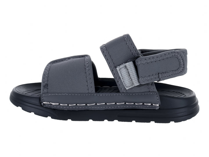Sandalias UNGA color gris y negro con detalles amarillos y suela gruesa.