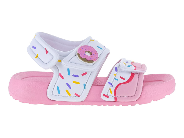 Sandalia infantil rosa y blanca con diseño de chispas de colores y un adorno de dona.
