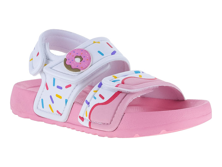 Sandalia infantil rosa y blanca con diseño de chispas de colores y un adorno de dona.