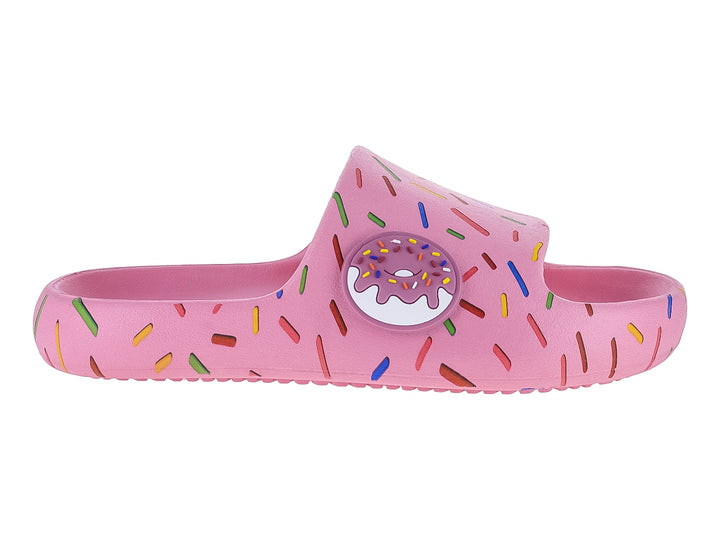 Sandalia rosa tipo slide con diseño de chispas de colores y un adorno de dona en la parte superior.