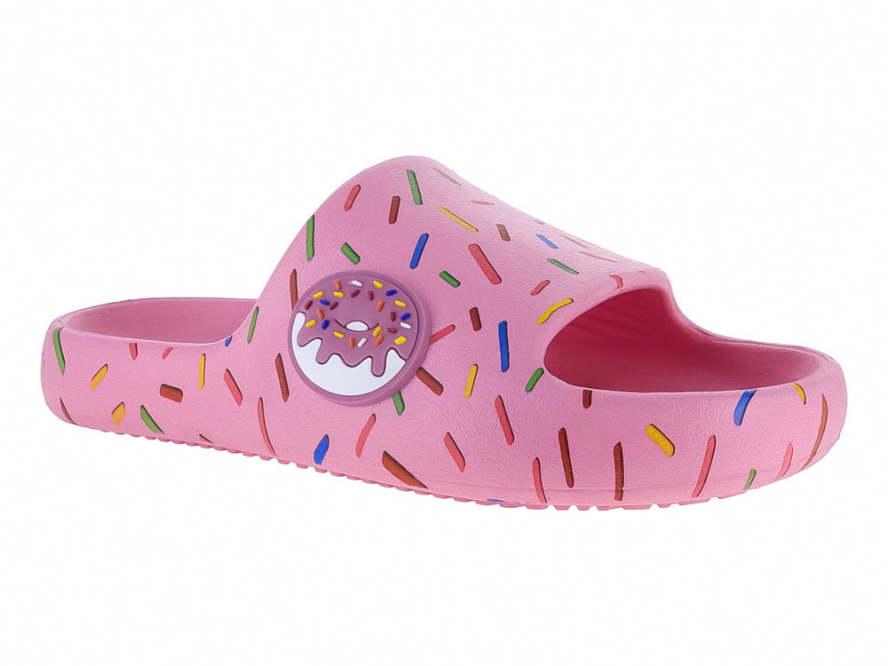 Sandalia rosa tipo slide con diseño de chispas de colores y un adorno de dona en la parte superior.