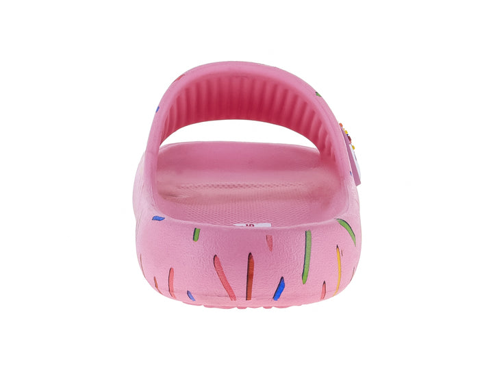 Sandalia rosa tipo slide con diseño de chispas de colores y un adorno de dona en la parte superior.
