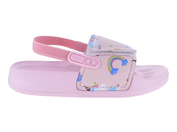 Sandalia infantil de color rosa con correa ajustable y detalle decorativo de arcoíris.