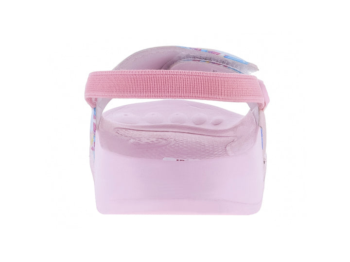 Sandalia infantil de color rosa con correa ajustable y detalle decorativo de arcoíris.