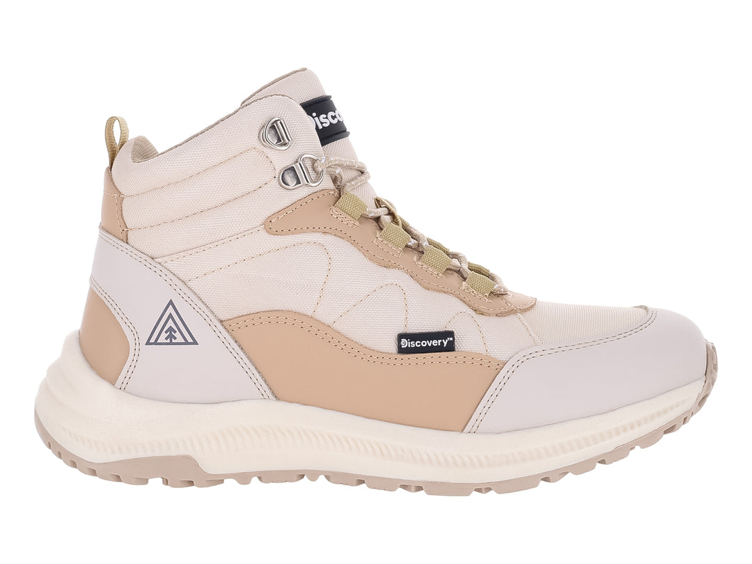 Botín deportivo Discovery en color marfil y beige con suela blanca robusta y cierre de cordones.