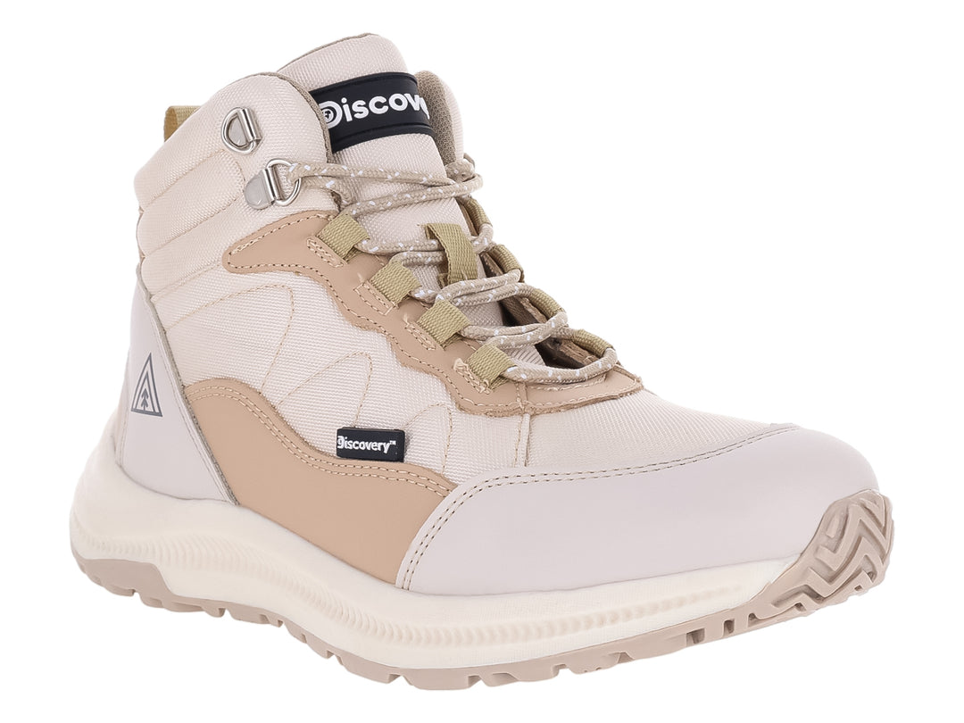 Botín deportivo Discovery en color marfil y beige con suela blanca robusta y cierre de cordones.