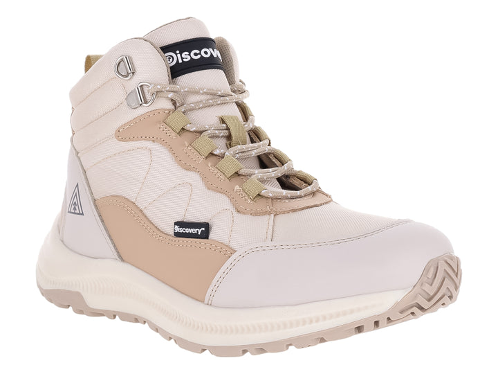 Botín deportivo Discovery en color marfil y beige con suela blanca robusta y cierre de cordones.