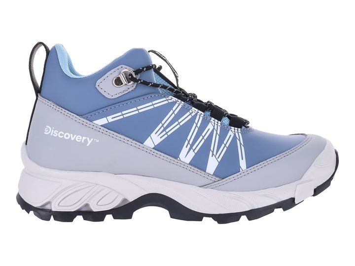Zapato deportivo Discovery color azul cielo y gris con suela blanca y negra.