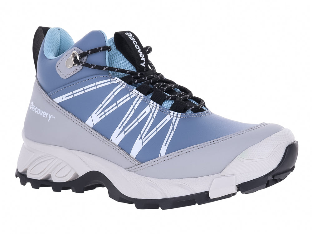Zapato deportivo Discovery color azul cielo y gris con suela blanca y negra.