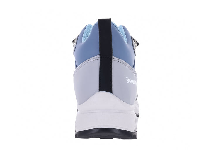 Zapato deportivo Discovery color azul cielo y gris con suela blanca y negra.