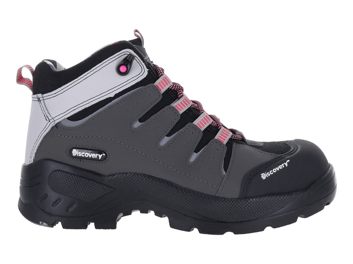 Bota de seguridad Discovery en color gris y negro con detalles en blanco y rosa, diseño robusto para trabajo.