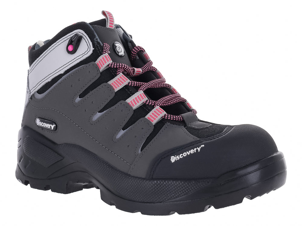 Bota de seguridad Discovery en color gris y negro con detalles en blanco y rosa, diseño robusto para trabajo.