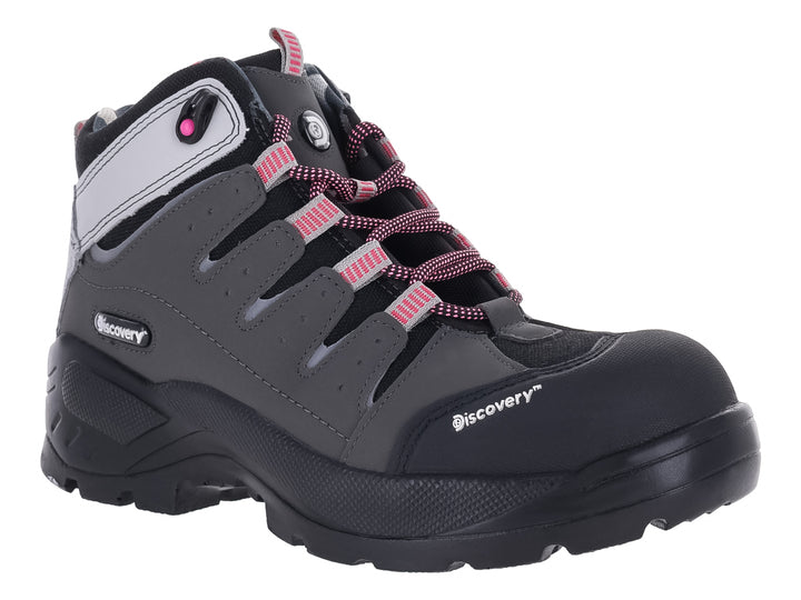 Bota de seguridad Discovery en color gris y negro con detalles en blanco y rosa, diseño robusto para trabajo.