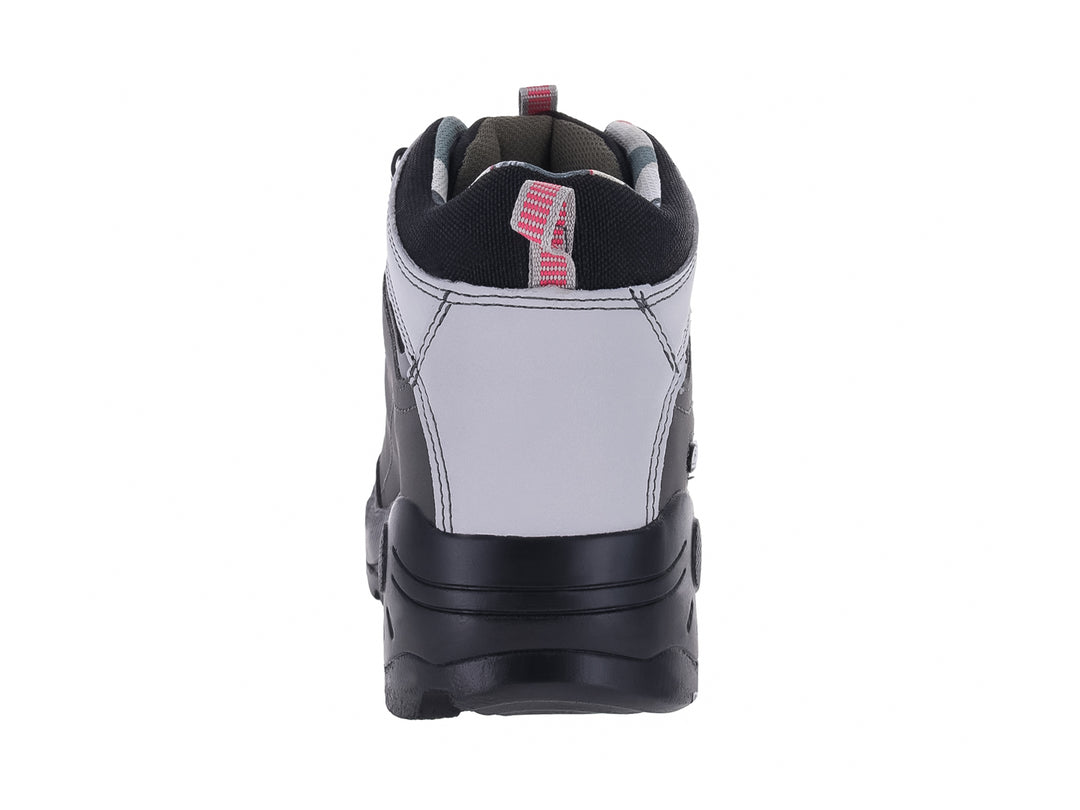 Bota de seguridad Discovery en color gris y negro con detalles en blanco y rosa, diseño robusto para trabajo.