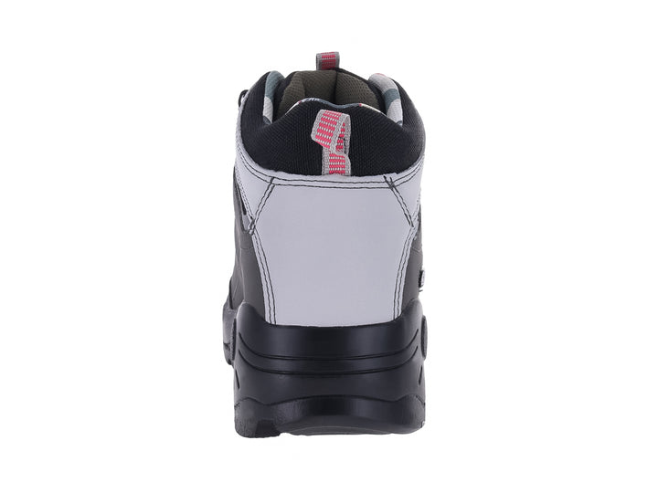 Bota de seguridad Discovery en color gris y negro con detalles en blanco y rosa, diseño robusto para trabajo.