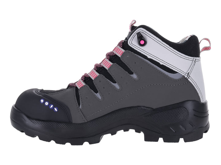 Bota de seguridad Discovery en color gris y negro con detalles en blanco y rosa, diseño robusto para trabajo.