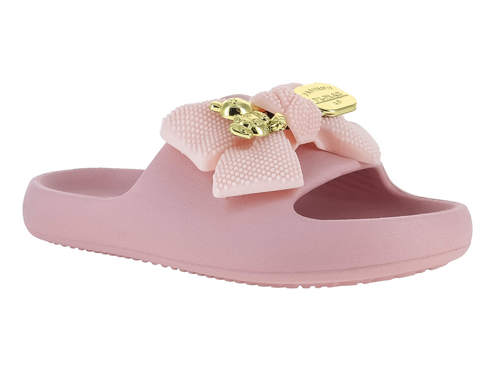 Sandalia rosa con moño decorativo y detalle dorado, estilo slide.