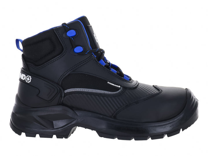 Bota de seguridad industrial Swissbrand color negro con detalles en azul y suela robusta.