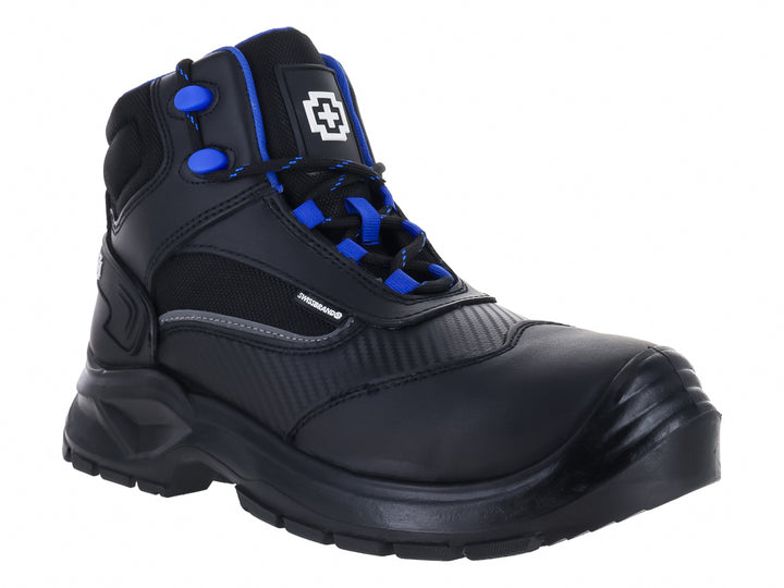 Bota de seguridad industrial Swissbrand color negro con detalles en azul y suela robusta.