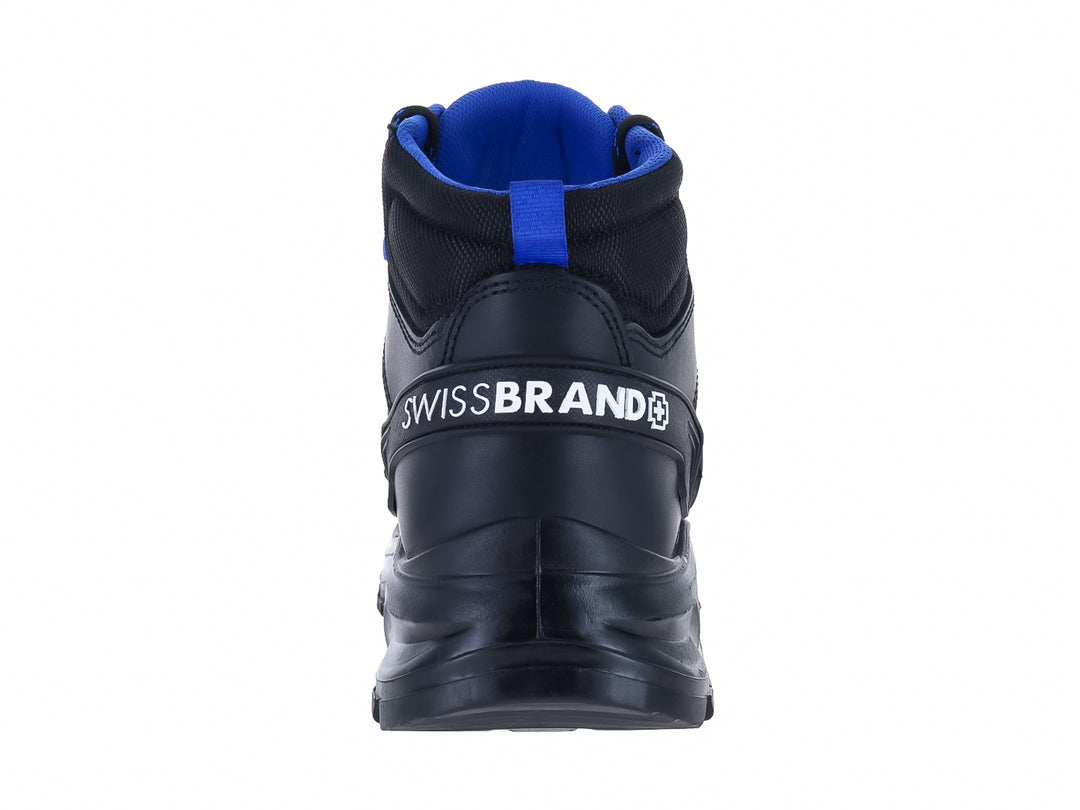 Bota de seguridad industrial Swissbrand color negro con detalles en azul y suela robusta.