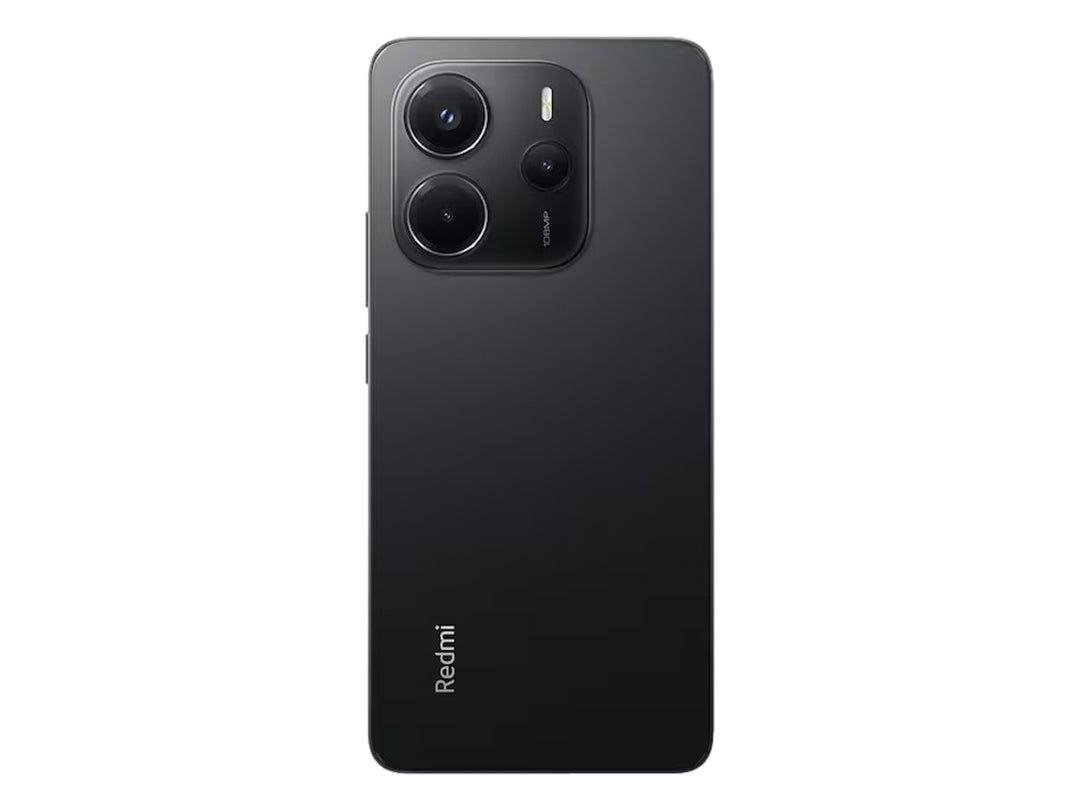Vista trasera de un smartphone Redmi Note 14 en color negro mate con módulo de cámara