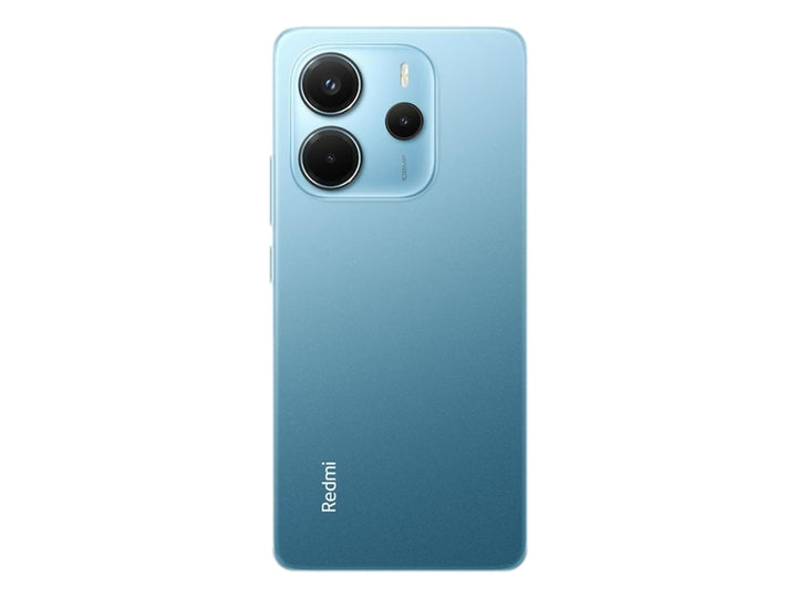 Vista frontal de un smartphone Redmi Note 14 en color Ocean Blue con pantalla completa y bordes negros.