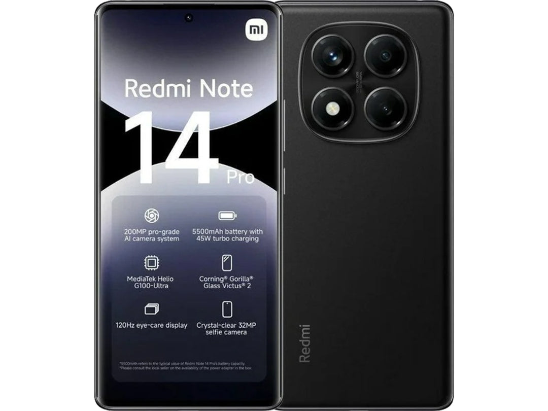 Smartphone Redmi Note 14 Pro en color Midnight Black, vista frontal y trasera.