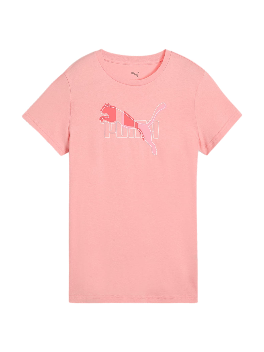 Playera PUMA de color rosa con logotipo frontal en tonos contrastantes y cuello redondo.
