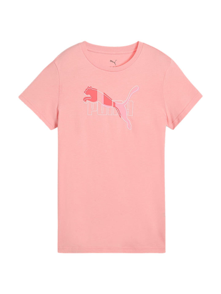 Playera PUMA de color rosa con logotipo frontal en tonos contrastantes y cuello redondo.