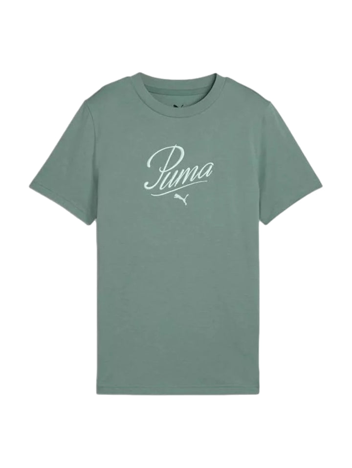 Camiseta PUMA color verde luna con logotipo blanco en el pecho y cuello redondo.