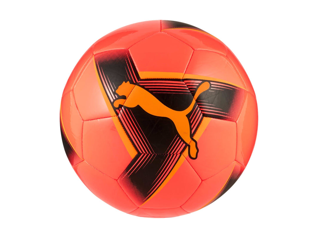 Balón de fútbol Puma en color rojo brillante con detalles negros y logotipo central en naranja.