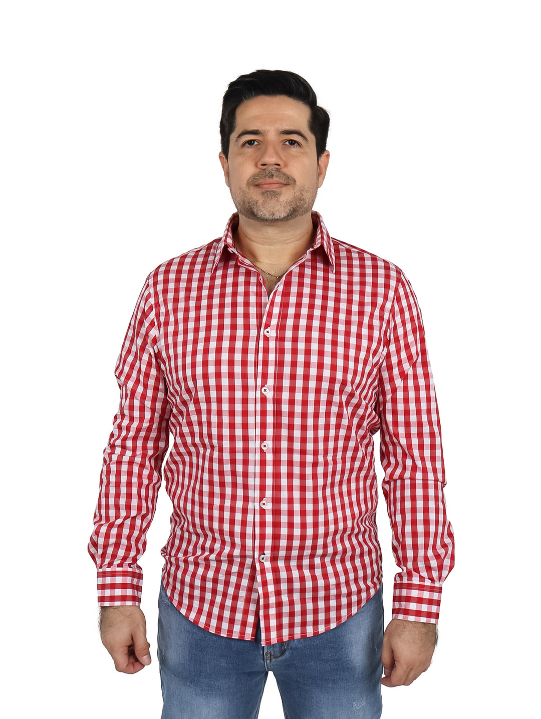 Camisa de cuadros rojos y blancos de manga larga con cuello y botones.