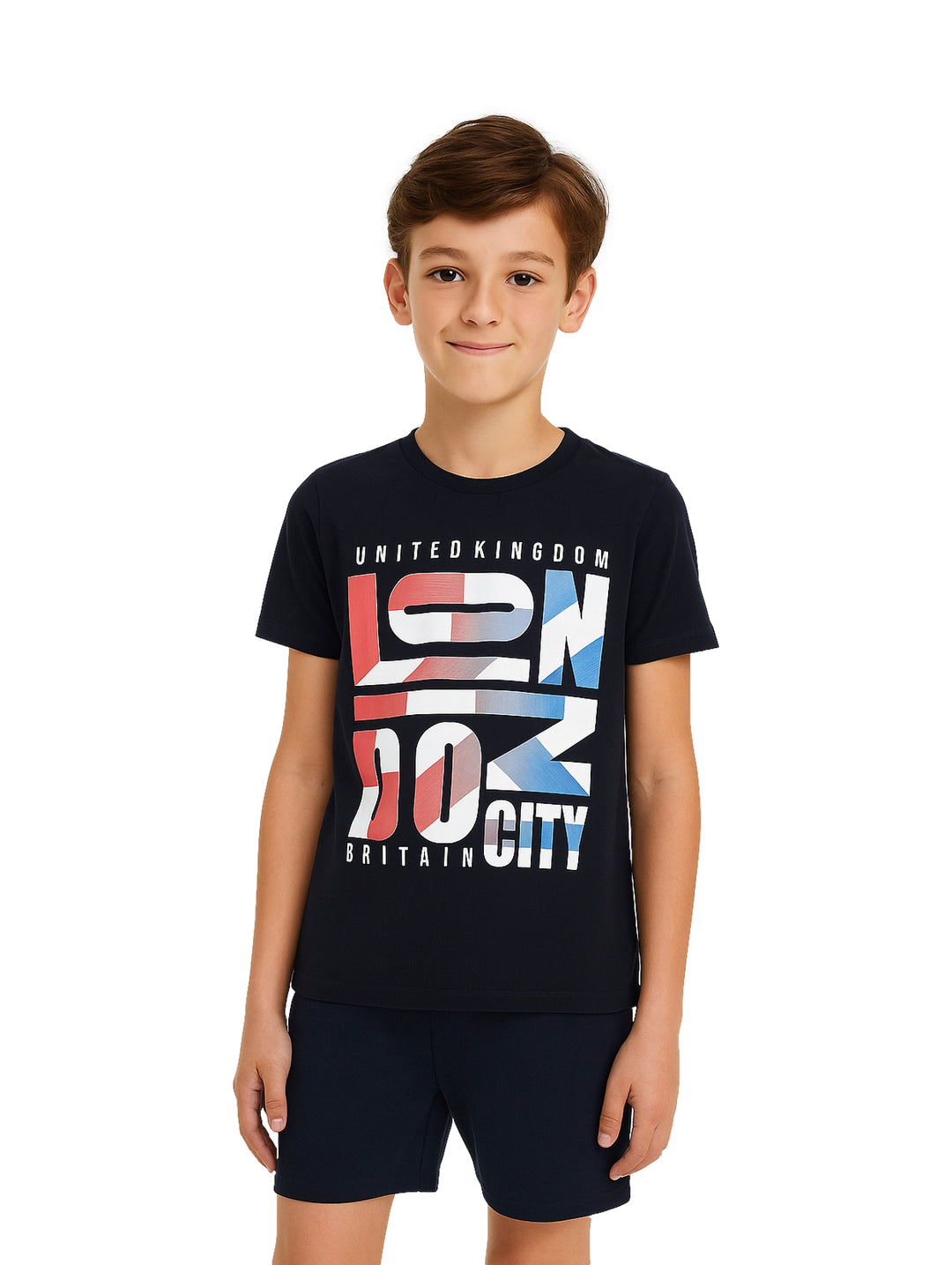 Niño vistiendo camiseta negra de manga corta con estampado gráfico colorido de Londres en el pecho.