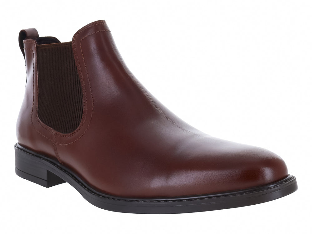 Botín estilo Chelsea de cuero color caoba con suela negra y panel elástico lateral.