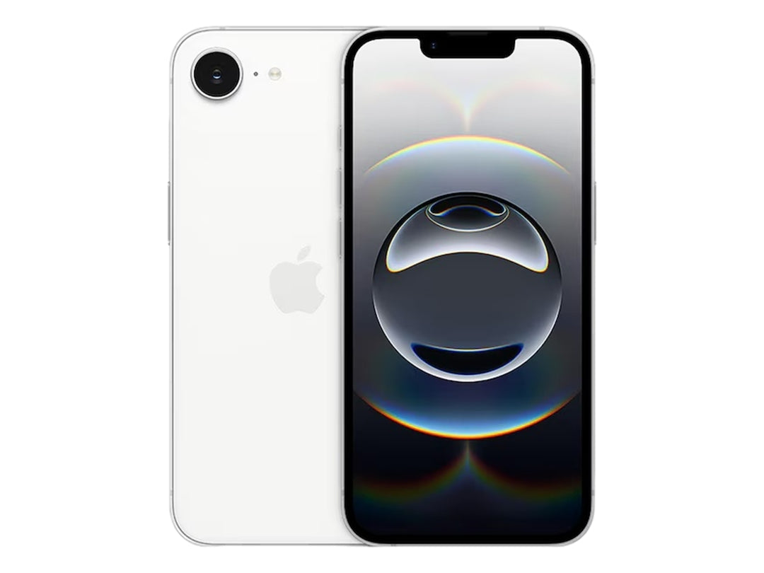 Vista frontal y posterior de un iPhone 16e en color blanco con pantalla encendida sobre fondo blanco.