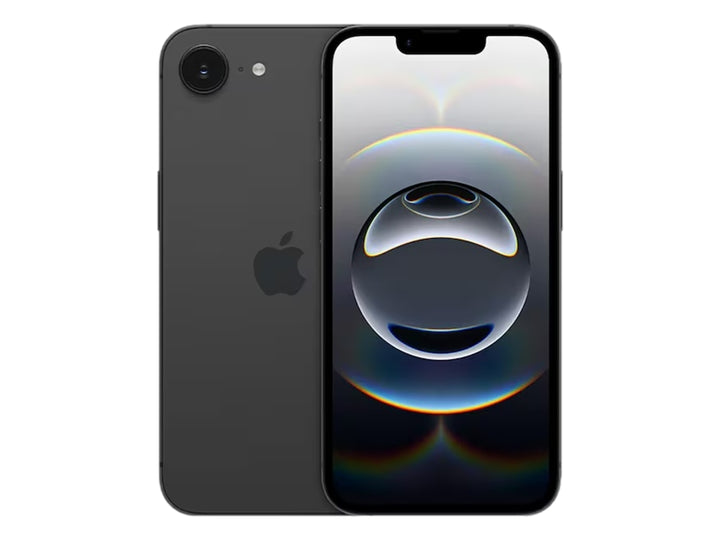 Vista frontal y posterior de un smartphone Apple iPhone 16e en color negro.