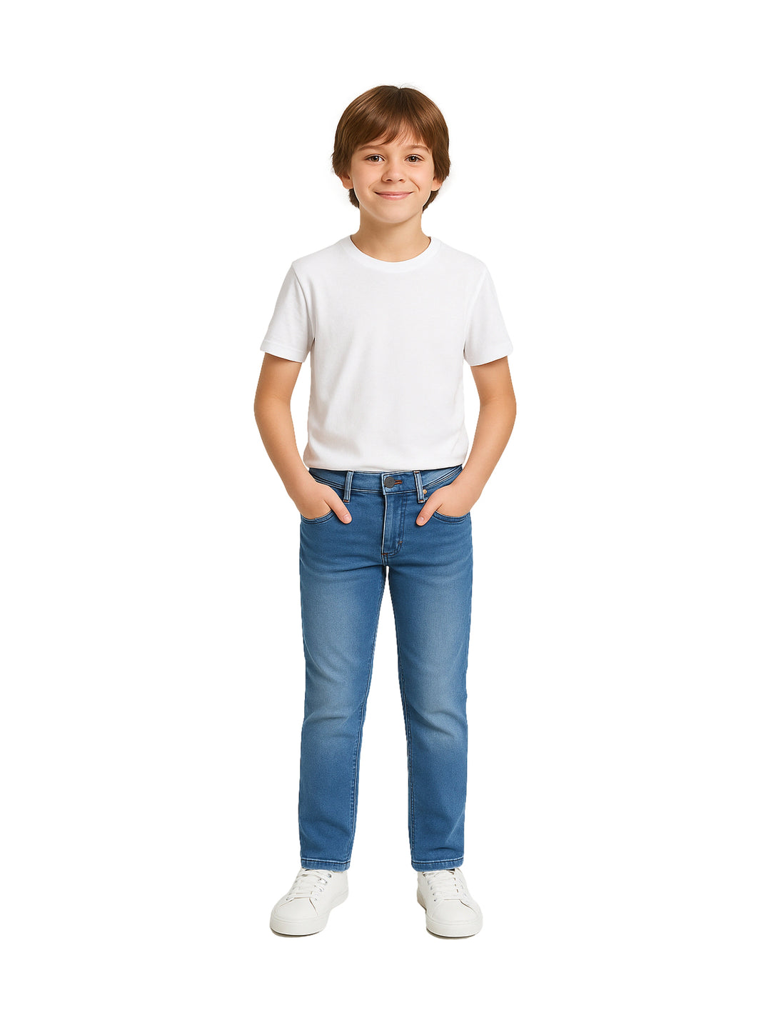 Niño vistiendo pantalón de mezclilla azul, camiseta blanca y tenis blancos.