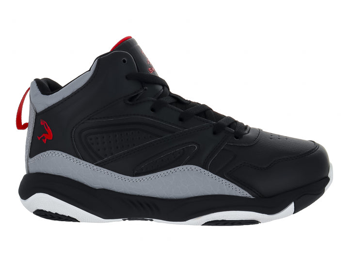 Tenis de baloncesto SHAQ de corte alto en colores negro y gris con detalles en rojo y suela blanca.