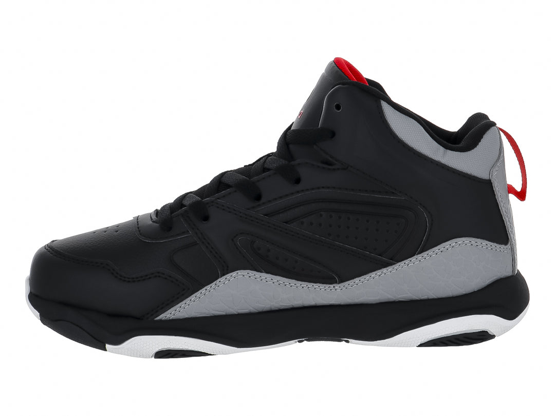 Tenis de baloncesto SHAQ de corte alto en colores negro y gris con detalles en rojo y suela blanca.