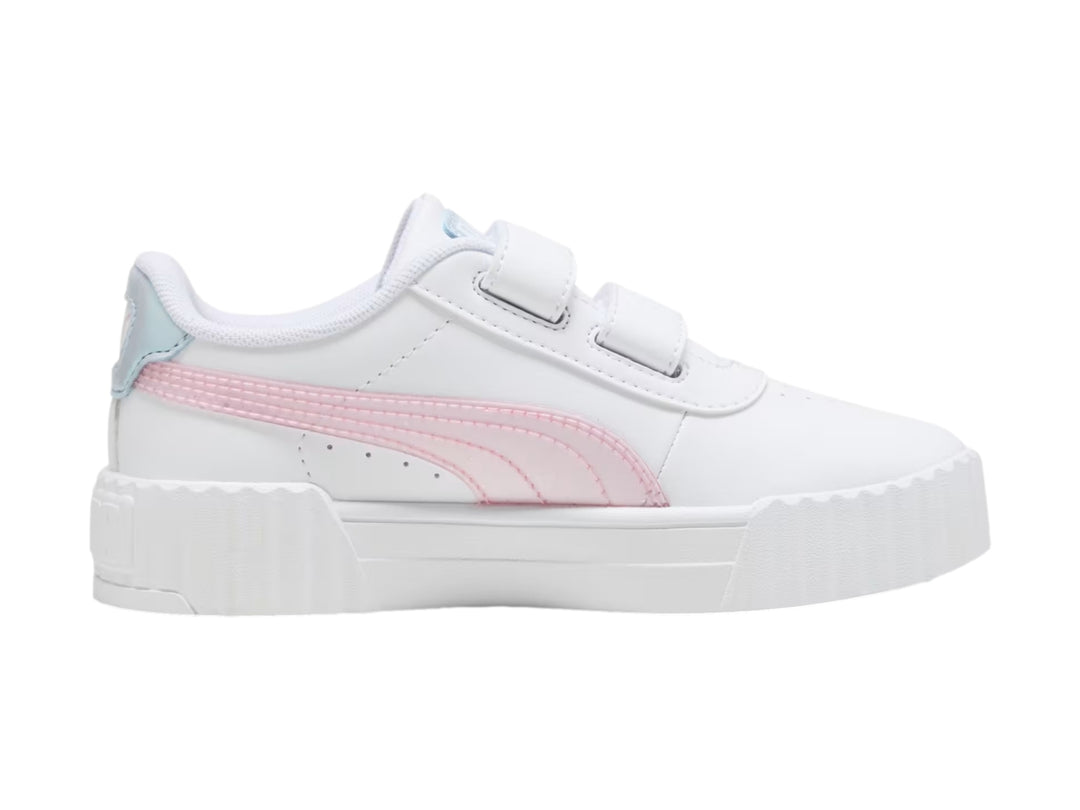 Tenis PUMA blancos para niña con detalles en rosa y azul claro y cierre de velcro