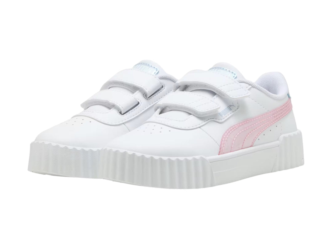 Tenis PUMA blancos para niña con detalles en rosa y azul claro y cierre de velcro