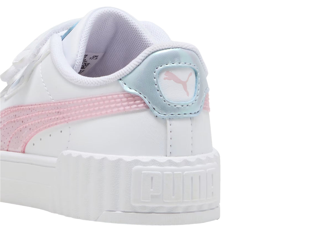 Tenis PUMA blancos para niña con detalles en rosa y azul claro y cierre de velcro