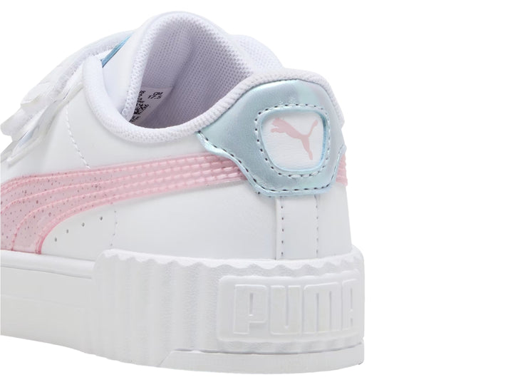 Tenis PUMA blancos para niña con detalles en rosa y azul claro y cierre de velcro